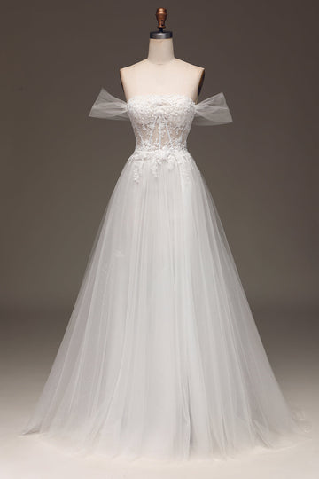 Vit Off The Shoulder A Line Corset Prom Klänning med applikationer